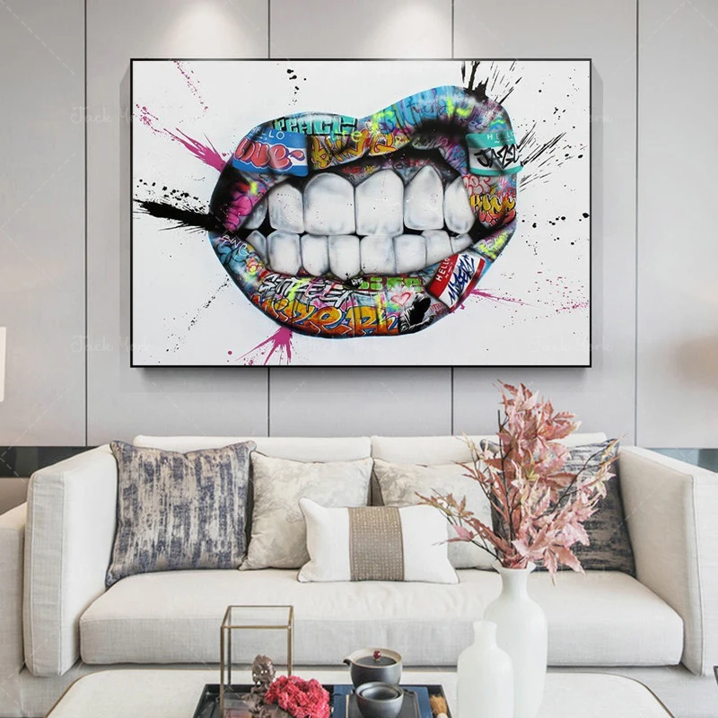 

Show Teeth Lips Graffiti Art Canvas Printings Painting Street Kiss Posters and Prints Wall Art Picture for Living Room Bedroom