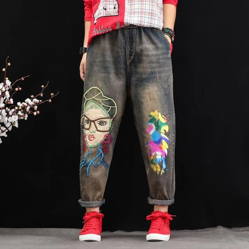 Женские джинсы с вышивкой в стиле ретро потертые винтажные шаровары эластичной