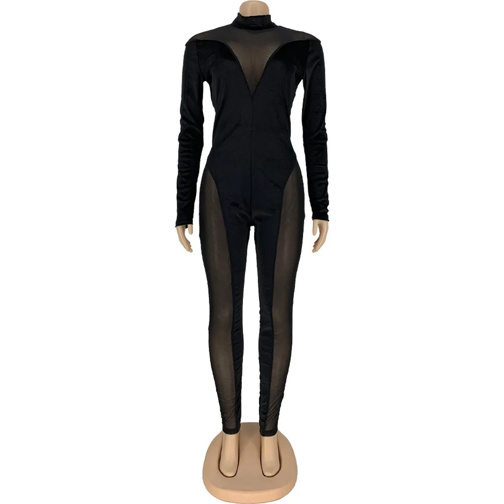 

New Sexy Mesh Spliced Autumn Winter Women Jumpsuit Night Club Crew Neck Long Sleeve Pleated Bandage High Waist One Piece Overall