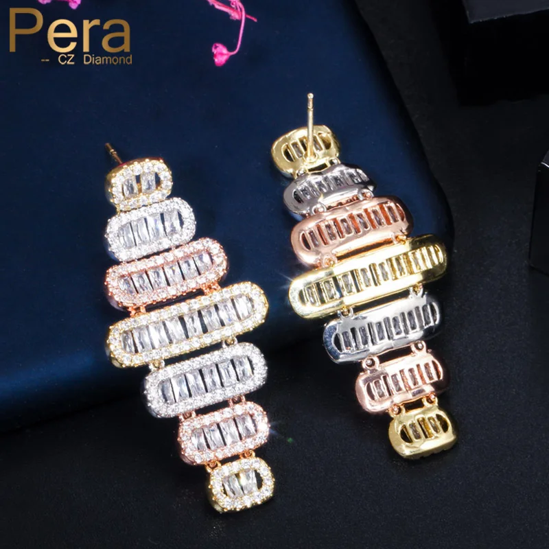 

Pera Popular Luxury 3 Tone Gold Long Geometry CZ Zircon Dangle Earrings for Ladies Evening Party Statement Ear Jewelry E565