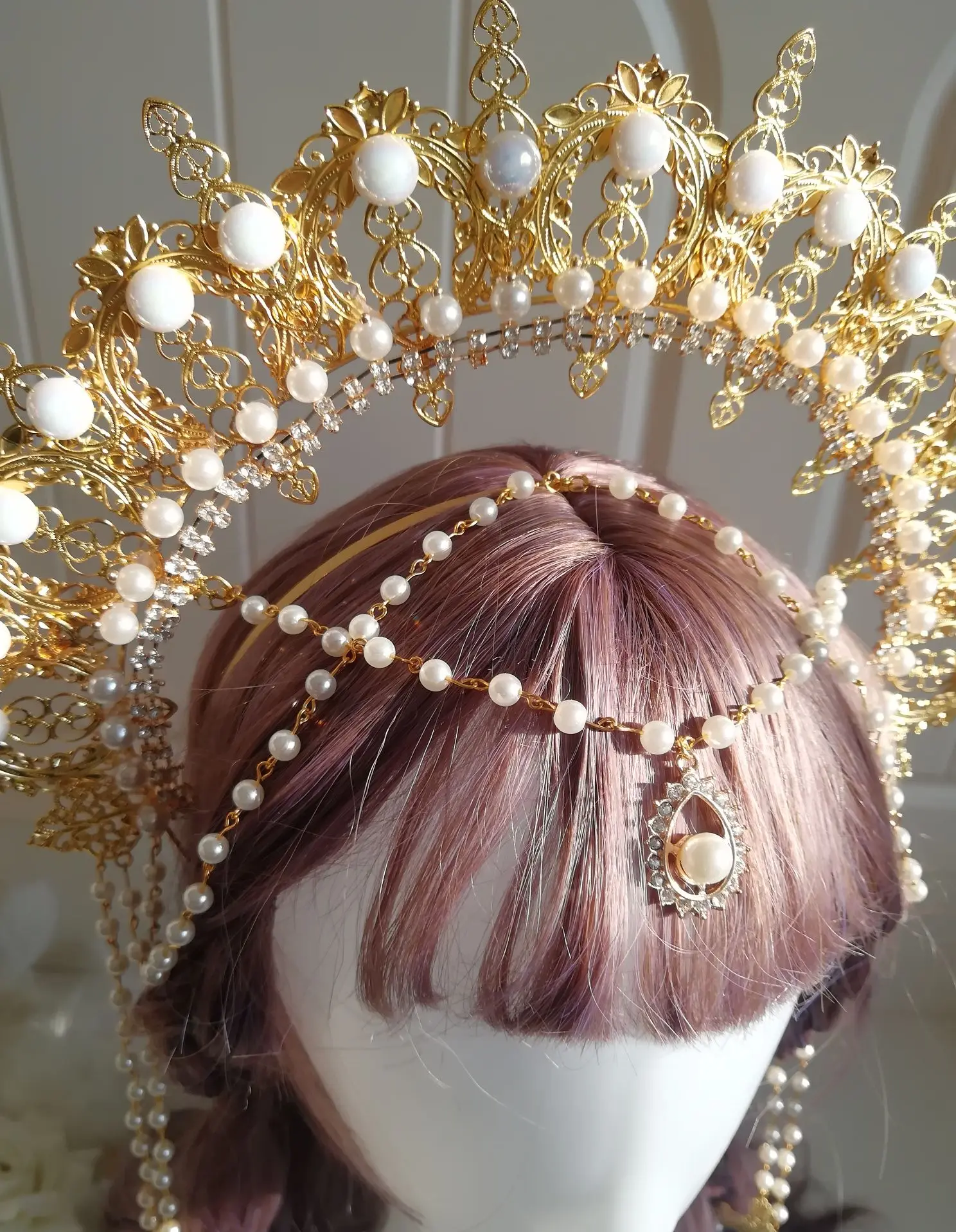Gorgeous Pearl Chain Flower Wedding Goddess Take Photo Props Baroque Tiara Cosplay Queen Notre Dame Halo Hair Crown Headband |