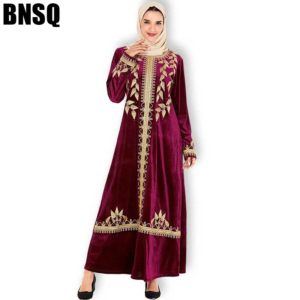 9158 wine red BNSQ женские макси платья утолщение бархат с длинным рукавом премиум Золото Вышивка Этническая зимняя одежда женское стильное платье арабский abaya - Цвет: 9158 wine red