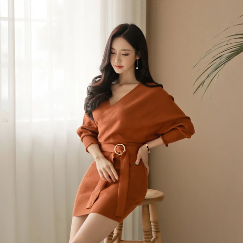 

Sexy v-neck women knitted Dress Autumn winter Long sleeve Elegant party female sweater dress