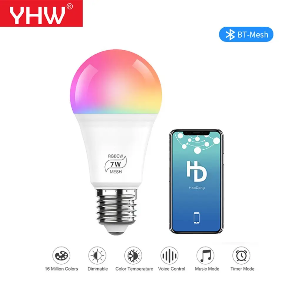 

YHW 7W Bluetooth Smart E27 LED Bulb Colorful Changing Light Bulb RGBCW Lamp Microphone Music Mode Function