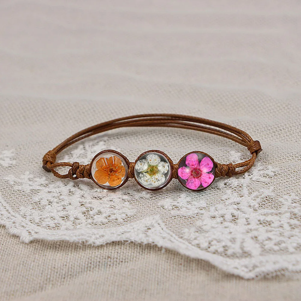 

Handmade Woven Dried Flowers Glass Beads Bracelet Women Jewelry Girls Glass Ball Bracelet Weave Lucky Flower Bracelets