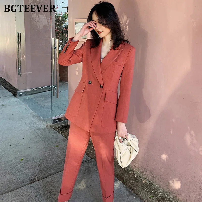 BGTEEVER Модный комплект из 2 предметов, женские брючные костюмы, блейзер с вырезом, куртка и брюки-карандаш, рабочая одежда, синий женский Блейзер, костюмы, осень