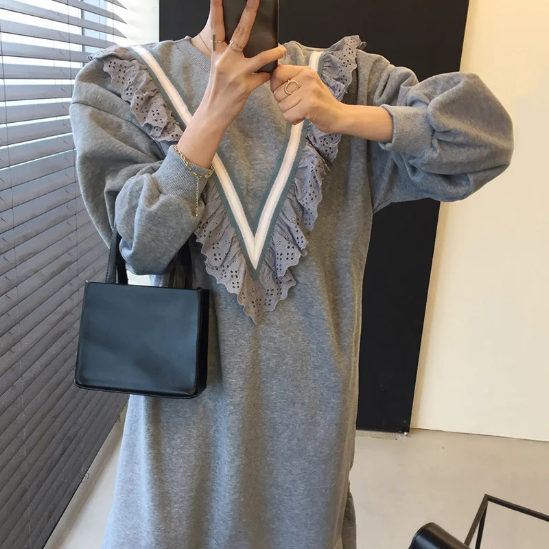 

Korean chic autumn sweet playful round collar hit color hollow lace fishtail skirt long-sleeved loose-fitting dress