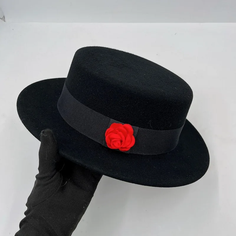 

202111-nao-xiaoxiang new wool charm red rose flower lady fedoras cap women leisure panama jazz hat