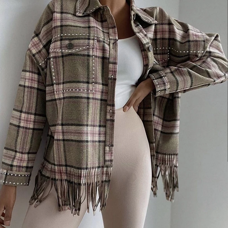 

BLSQR Autumn Winter Women Plaid Coat Jacket Pocket Casual Warm Overcoat Fashion Outwear Tops Rivet Tassel Design Jackets