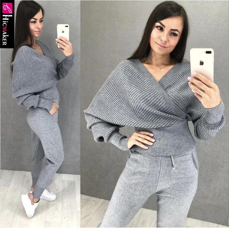 Женский комплект из 2 предметов вязаный пуловер Джемпер и высокая талия