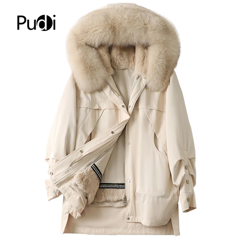 

Женская парка Pudi из натурального кроличьего меха, Тренч, зимнее женское теплое пальто с лисьим воротником и капюшоном, куртка, пальто A41650