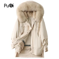 pudi women real rabbit fur parka trench winter female warm fox collar hooded coat jacket overcoats a41650