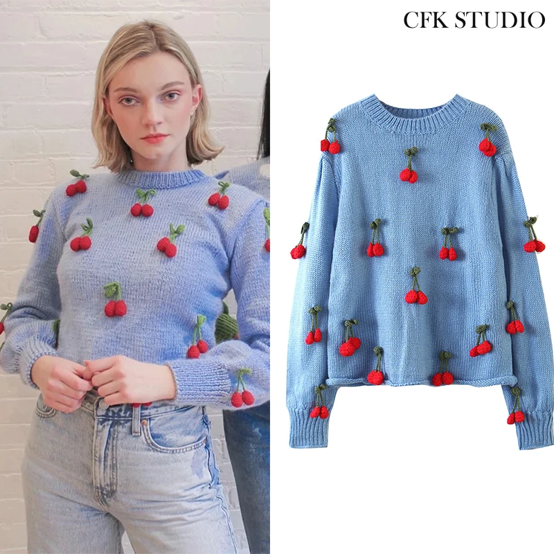 Женский осенний свитер с круглым вырезом вязаный пуловер вышивкой в виде вишенок