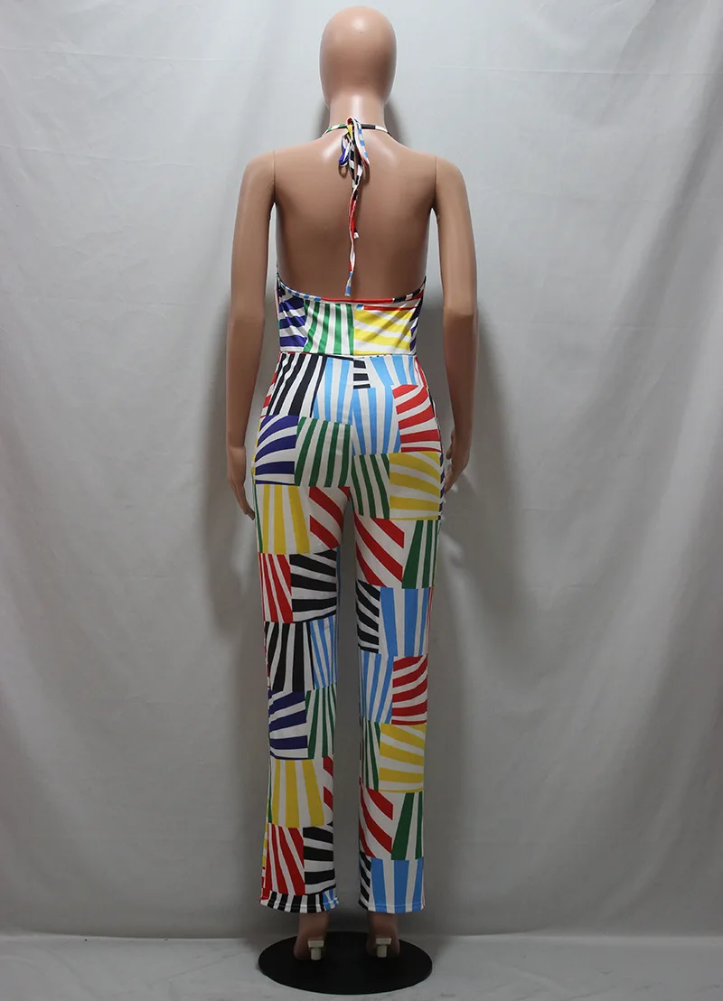 

Hot Recommend Style Colorful Striped Casual Long Jumpsuit Summer Hot Sale Ladies Halter Collar Backless Sleeveless Rompers