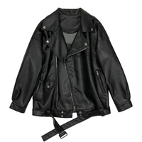 autumn winter womens pu leather jackets high quality female leather coats with belt moto bike loose ladies jackets outerwear