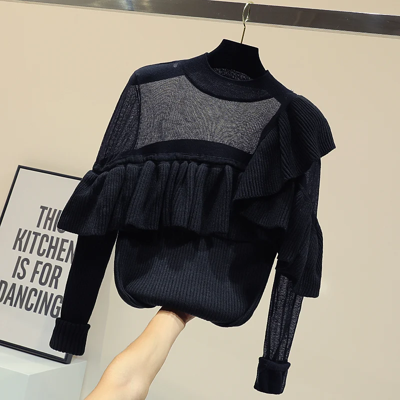 MUMUZI Mesh patchwork lazy wind pullover sweater female 2019 long sleeve new slim slimming ruffled bottoming shirts | Женская одежда