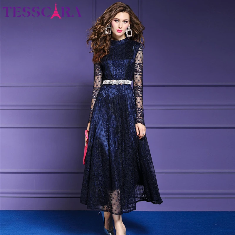 Женское длинное кружевное платье TESSCARA Осеннее винтажное дизайнерское макси