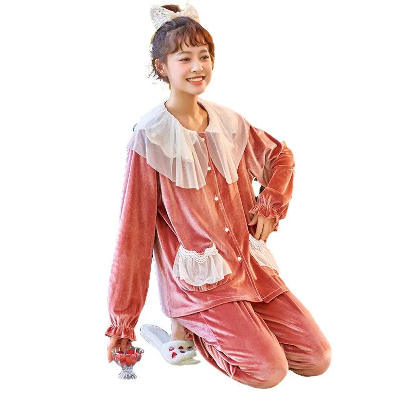 

Gold Velvet Pajamas Women's Autumn Long-sleeved Trousers Korean Version Can Be Worn Outside Cardigan Home Service Suit 2020 New