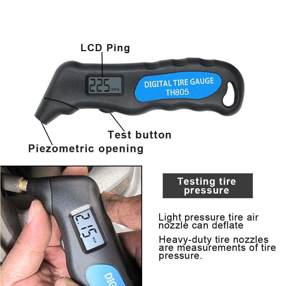TH805 coche Digital medidor de presión de neumáticos pantalla LCD medidor de aire de coche probador de barómetros manómetro para coche bici camión motocicleta B2