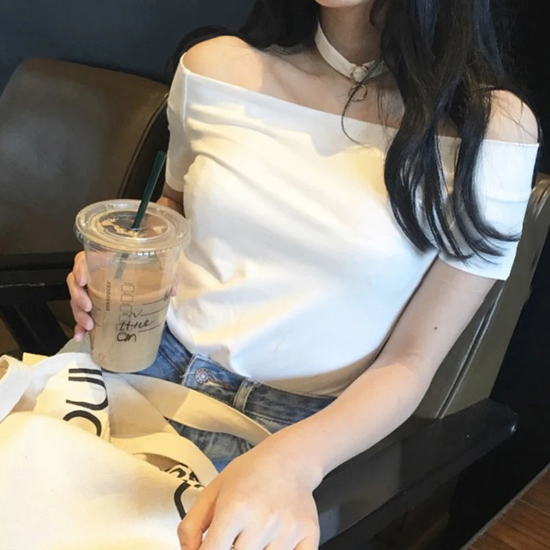 

2021 new summer short sleeve women's T-shirt, one line shoulder, short shoulder, off the shoulder top, sexy, tight and slim