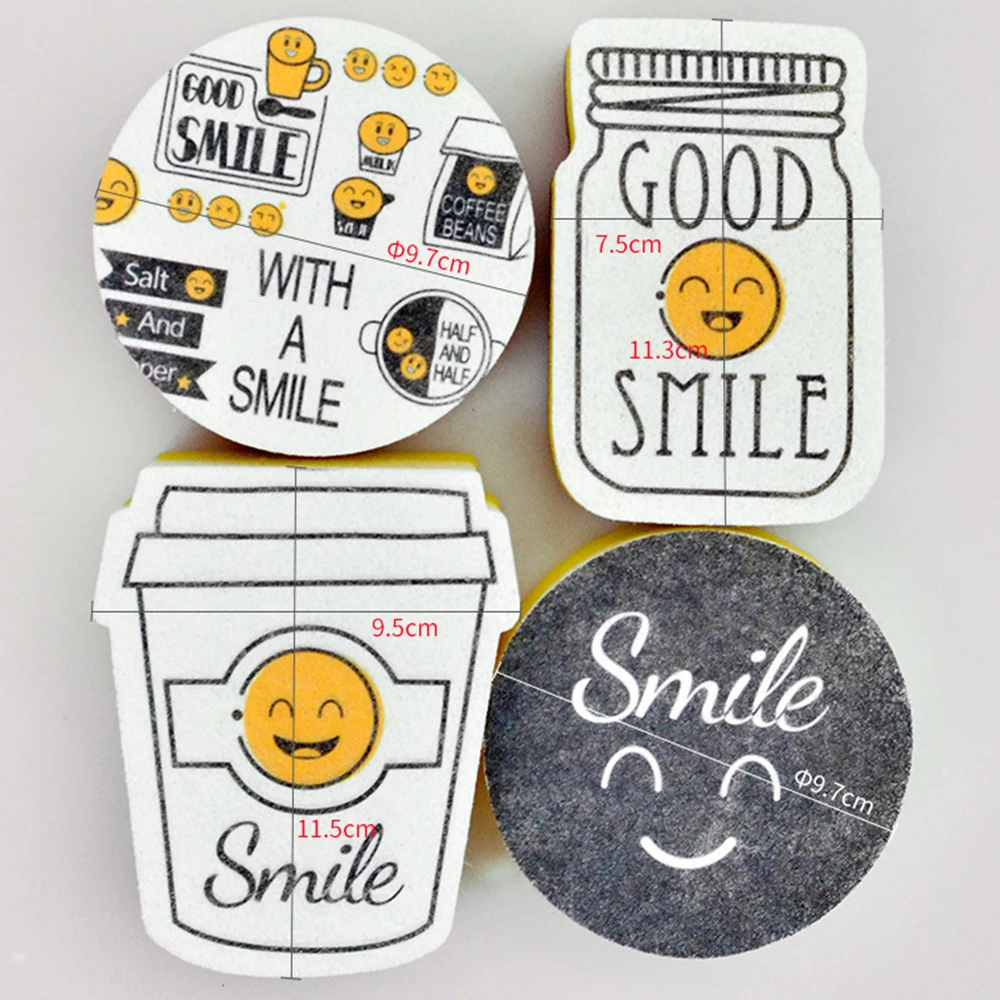 

4pcs Cartoon Smiley Face Thick Sponge Strong Decontamination Dish Washing Cloth Kitchen Cleaner Sponges Scouring Pads