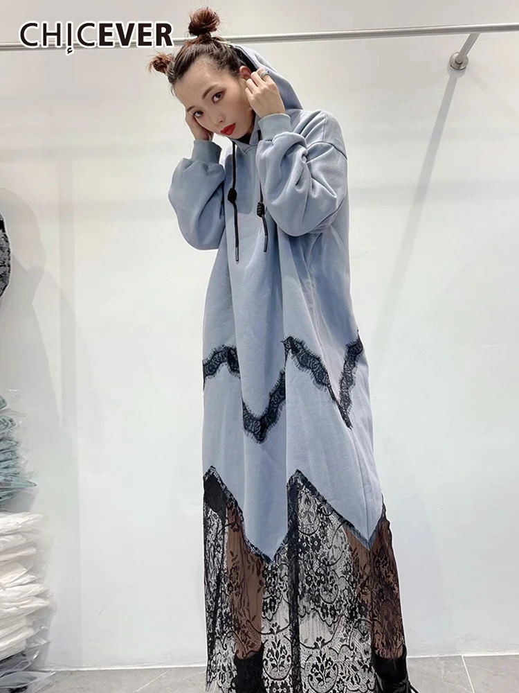 

CHICEVER Повседневное платье для женщин с капюшоном воротник свободный длинный рукав лоскутное кружевное платье Женская 2021 Осенняя модная оде...