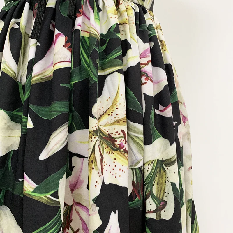 

2021 Designer Runway Dress Women's Strap Spaghetti Lily Floral Print Rope Lacing Up Midi Dress