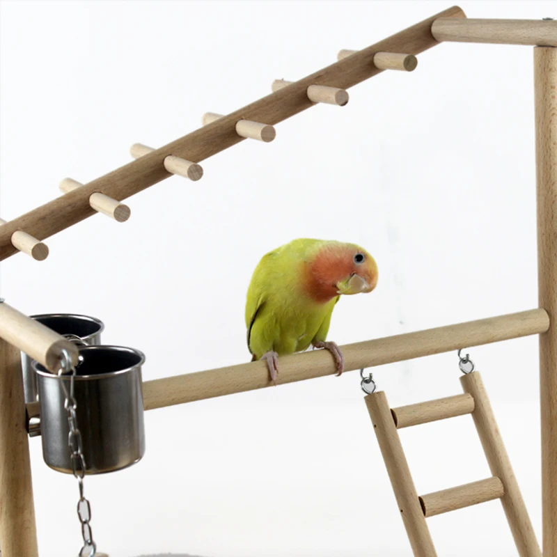 Wooden Bird Perch Stand With Feeder Cups Parrot Platform Playground Exercise Gym Playstand Ladder Interactive Toys F3002 |