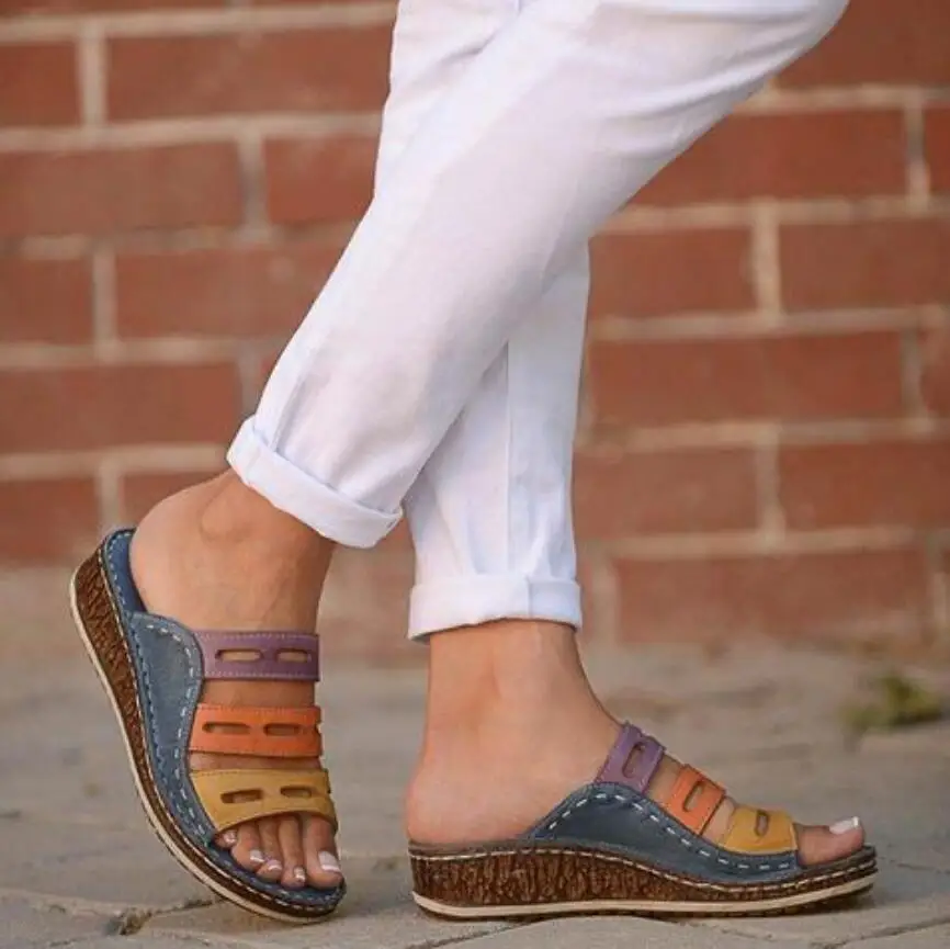 

Summer Women Lady Fashion Three-color stitching color Casual Low Wedge Heel Beach Open Peep Toe Sandals Slippers Shoes