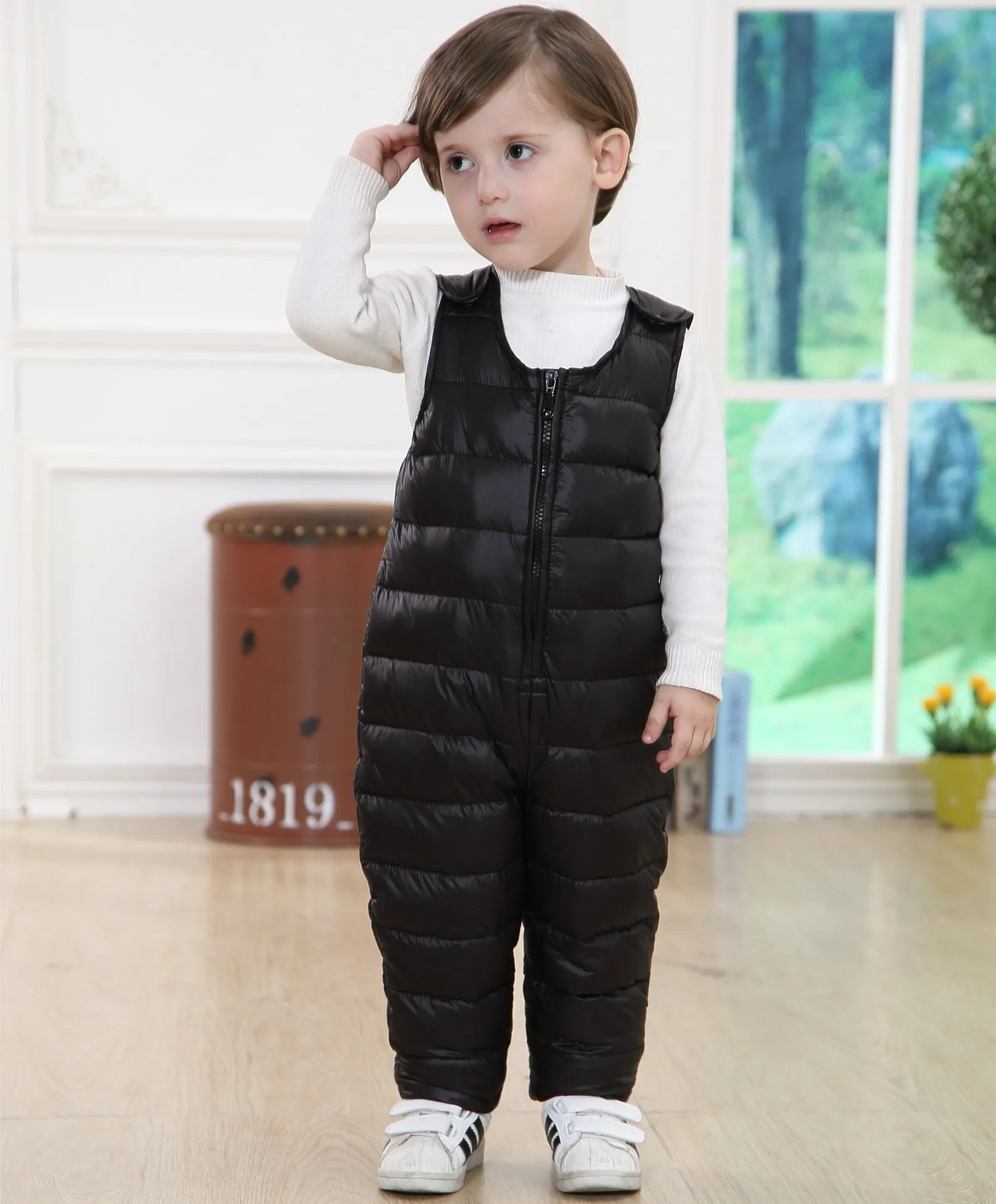 Plus Velvet Warm Children's Down Pants Boys Girls Baby Winter Outdoor Sport Thermal Padded Trousers Can Be Open Crotch Jumpsuit - Цвет: Black