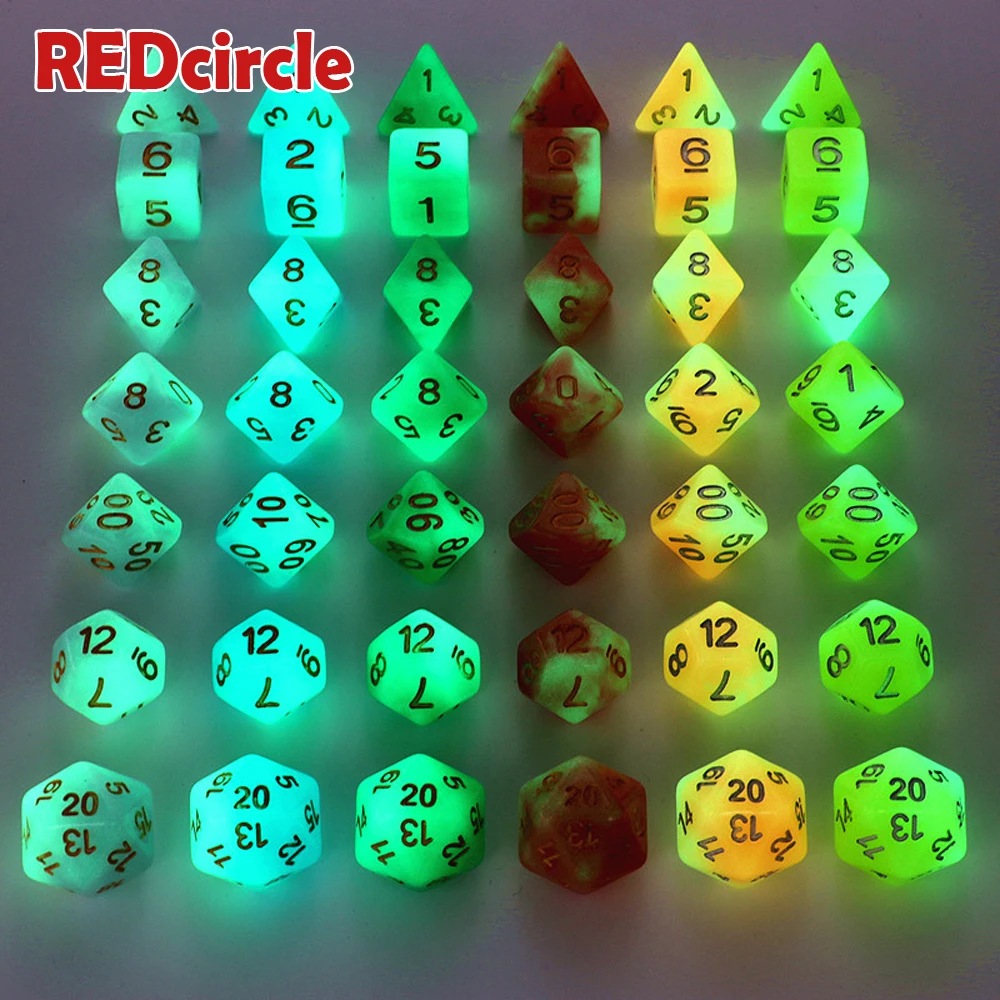 Two Mix Color Glow In The Dark Dice 7 Pc/set D4 D6 D8 D10 D10% D12 D20 for DnD RPG Portable Boardgame | Спорт и развлечения