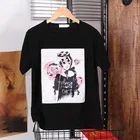 Лето 2021 года, черная новая свободная футболка с круглым вырезом и креативными аппликациями, футболка с короткими рукавами и принтом, женские повседневные топы в диком уличном стиле