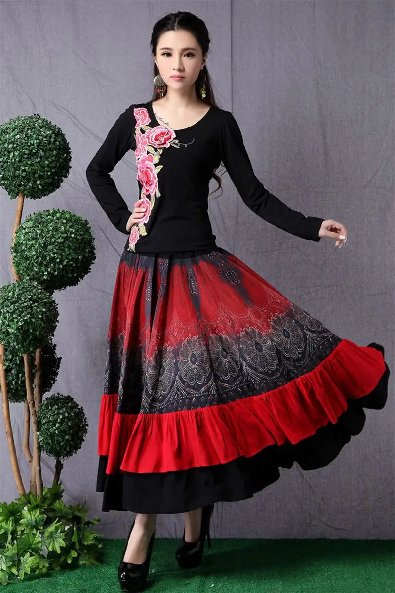 Женская длинная юбка в этническом стиле простроченная модная с эластичной