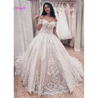 Мусульманское кружевное бальное платье, свадебные платья 2021, великолепное Милое Свадебное платье с открытыми плечами и аппликацией, Длинные свадебные платья