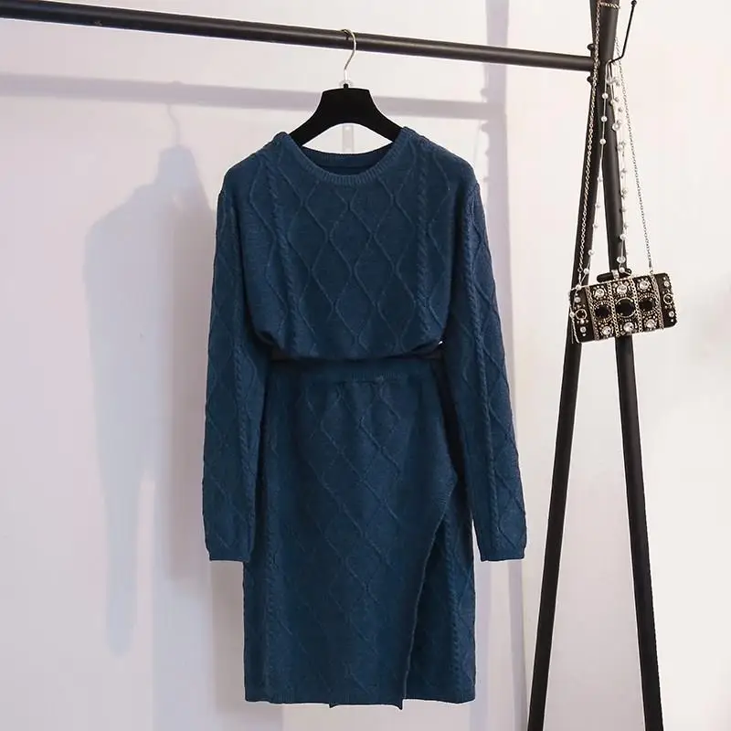 Вязаный комплект из 2 предметов Женский пуловер свитер и вязаные юбки облегающий