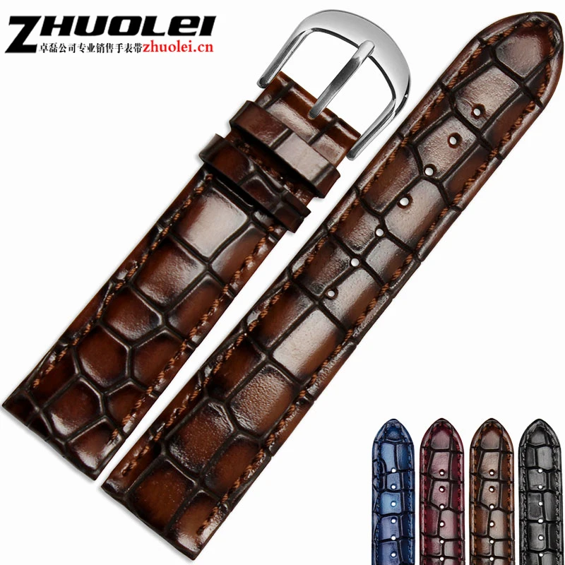 Fashion genuine leather men's watchband Clear personality crocodile texture strap bracelet Wrist watch band 18mm 20mm 22mm  blue