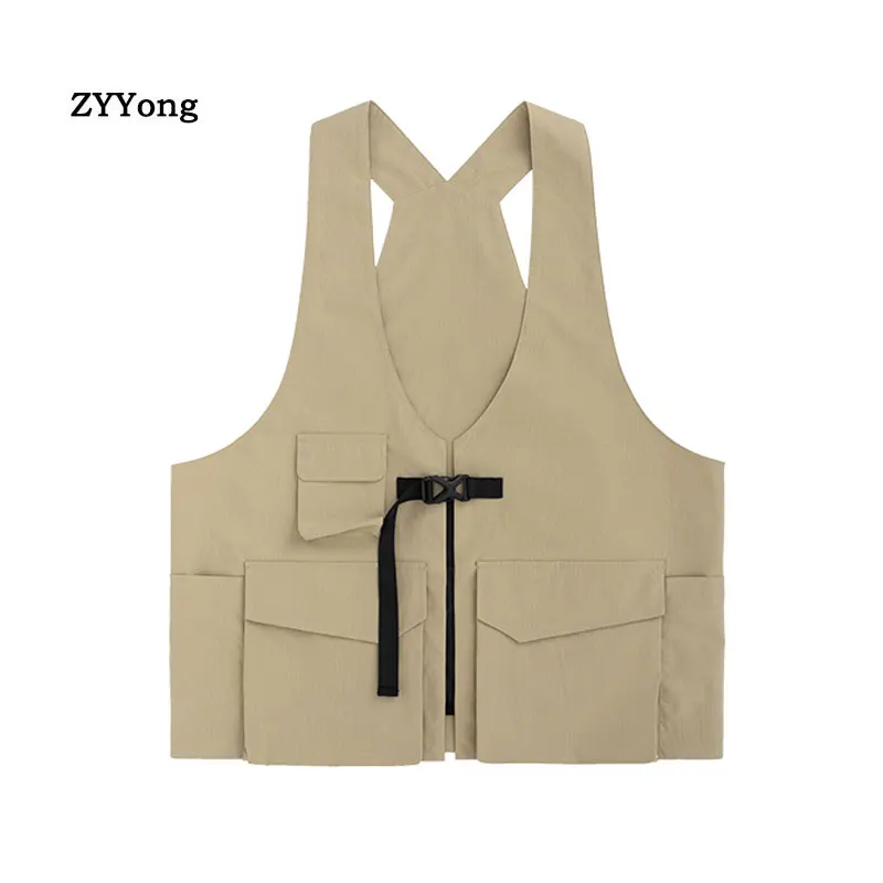 Жилетка мужская однотонная с множеством карманов модная уличная одежда для