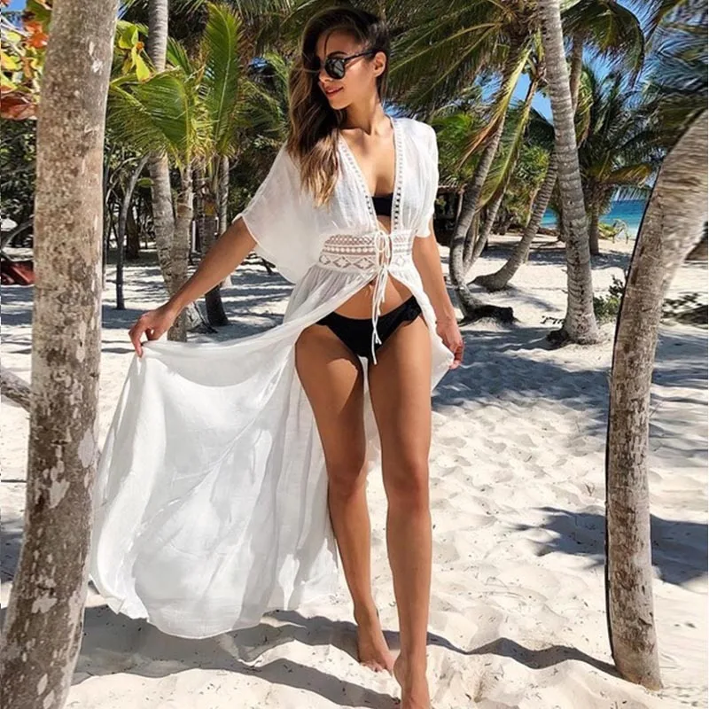 

Boho Beach Cover Up Women White Crochet Knitted Dress Tunic Long Pareos Bikinis Swim Coverups Robe Plage Beachwear