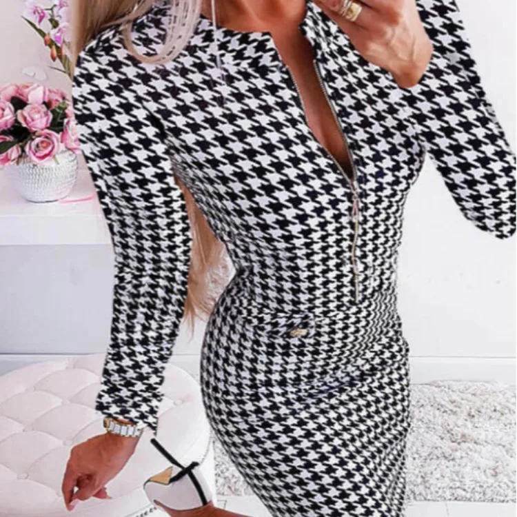 

2021 Thousand Bird Check Dress Short Skirt Long Sleeve Skirt