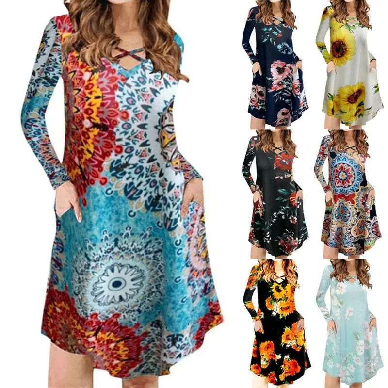 

VICABO Women's dresses Floral Casual Loose Fit V-Neck Pocket Ladies Dress S-5XL Sundress Summer Beach dresses for women