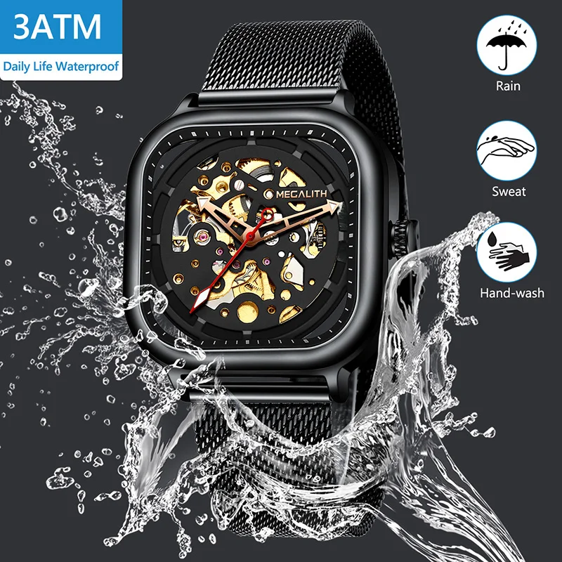 Men Mechanical Watch MEGALITH Fashion Sport Luxury Waterproof Black Stainless Steel Mesh Watches Relogio Masculino | Наручные часы