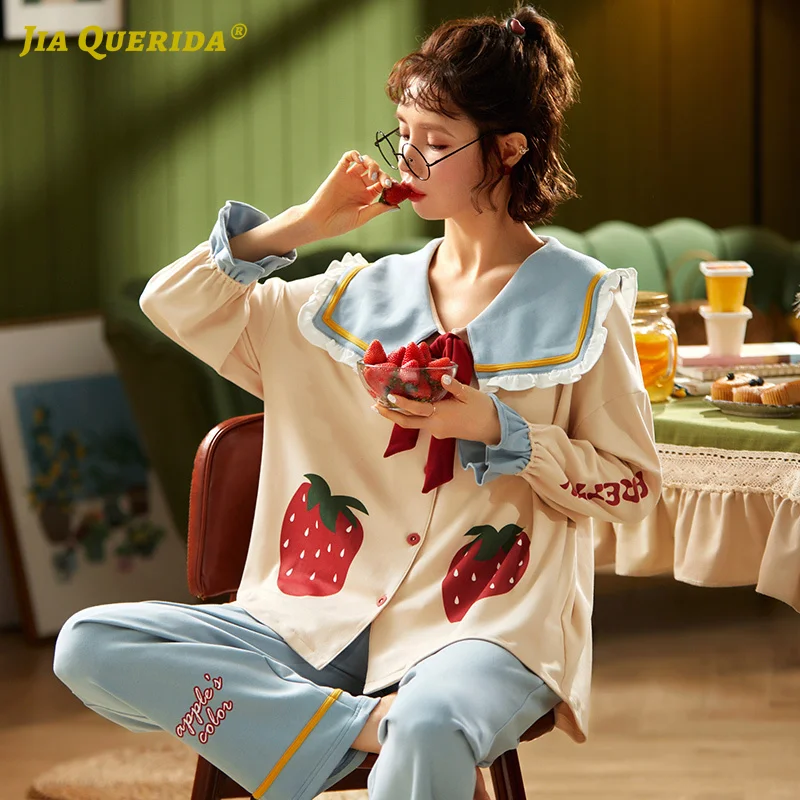 

Woman Long Sleeve Long Pants Sleepwear Fashion Style Turn Down Collar Preppy Style Ladies Woman Clothes Button New Soft Pajamas