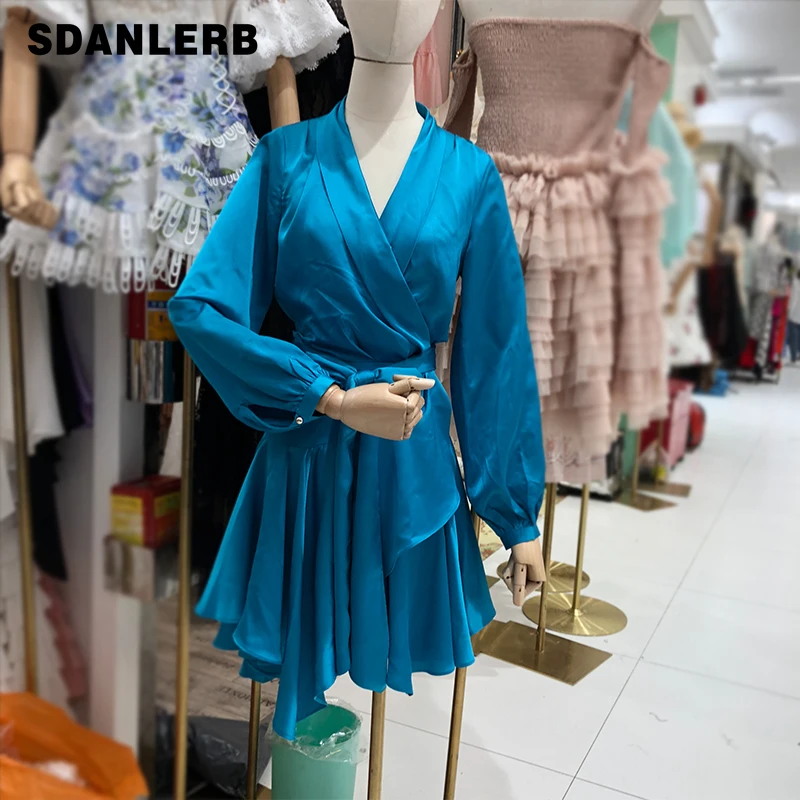 

Женское тонкое платье с длинным рукавом, элегантное женское цельное пижамное платье средней длины с V-образным вырезом и завязками в виде ли...