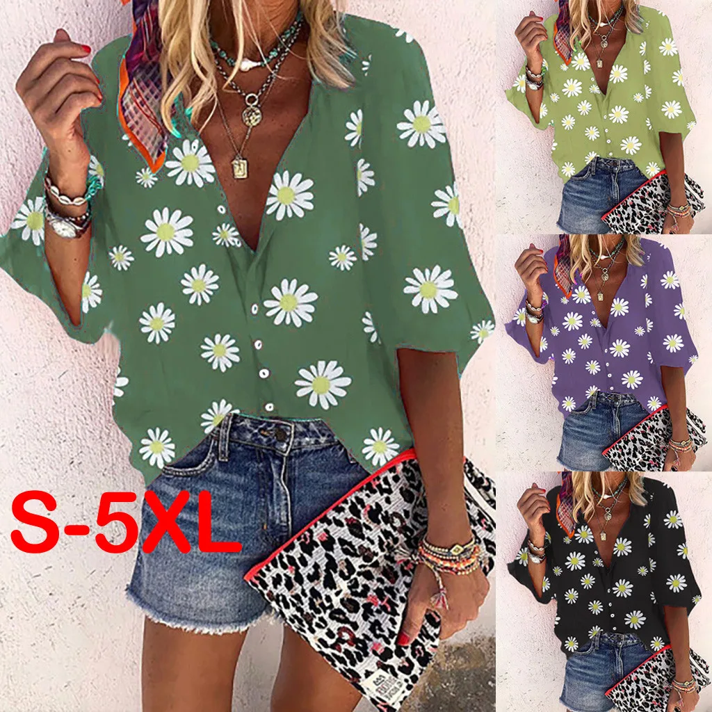 

Lecopike Blouses Plus Size 5XL Woman Summer Button V-Neck Loose Tunic Tops 2020 Casual Short Sleeve Oversize Blouse blusa A50