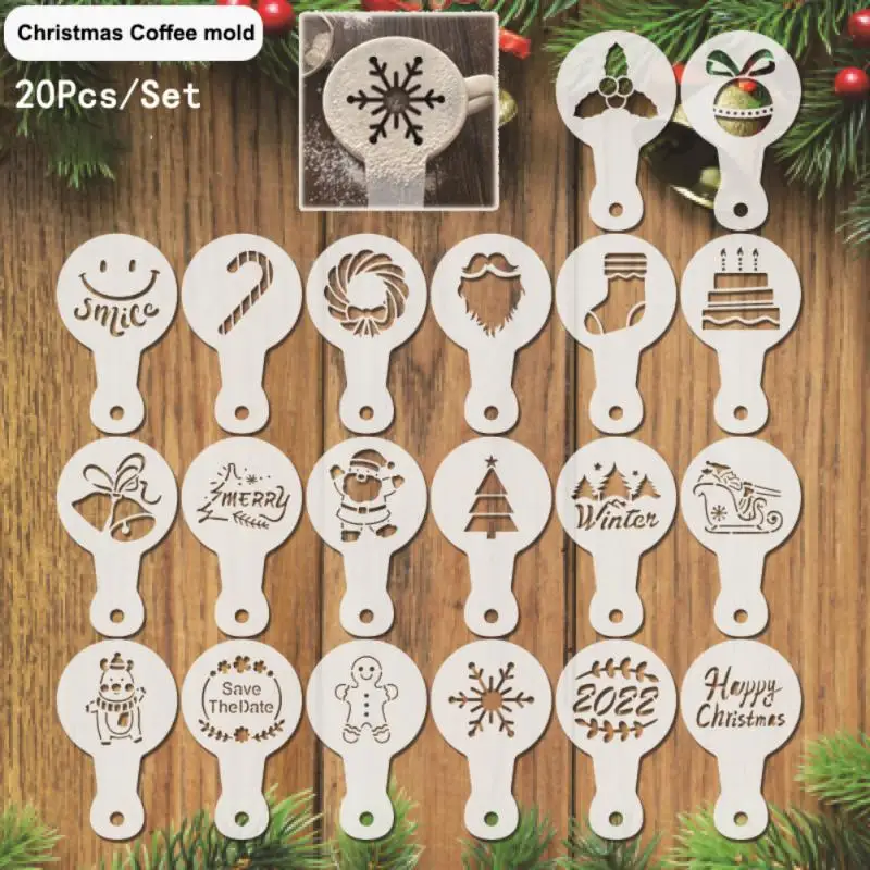 

20PC Cappuccino Mold Fancy Coffee Printing Model Cake Stencils Powdered Sugar Chocolate​ Cocoa Coffee Printing Tools Christmas