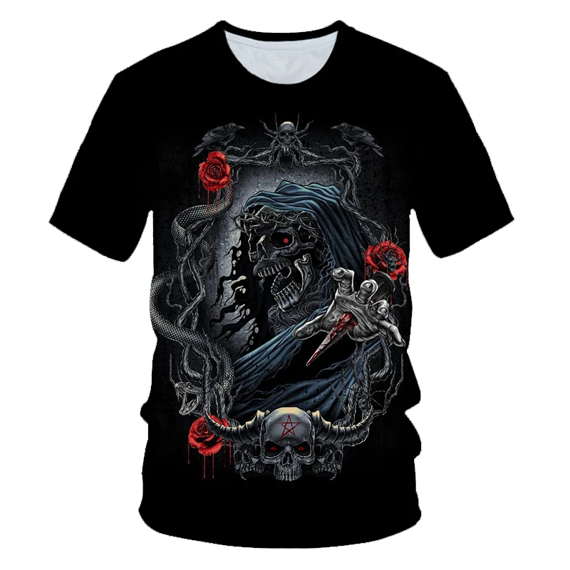 

Men's Summer Casual T-shirt Black T-shirt Punk Skull Rose Design Print Gothic Cool T-shirt Harajuku Fashion