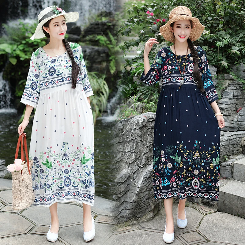 

Brocade Cotton Thin Soft Holiday Travel Casual Dress Print Floral Loose Summer Dress Women Prairie Chic Midi Beach Style Dress