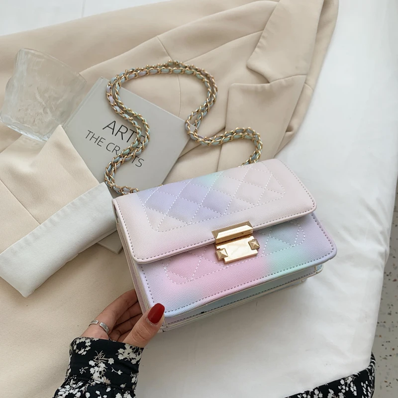 

Ladies Fashion Chain Bag Gradient Color Female Bag Casual Square Bag Lock Small Bag Mobile Phone Bag Shoulder Bag