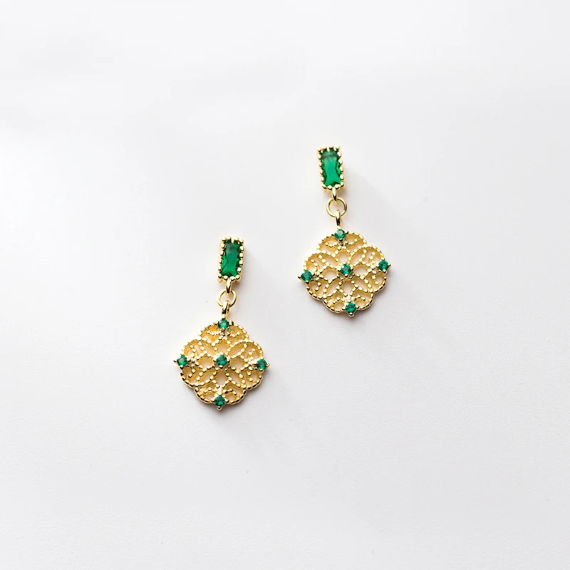 

MloveAcc Golden Vintage Style Hollow Flower Pattern Drop Earrings Authentic 925 Sterling Silver Earrings with Green CZ for Women
