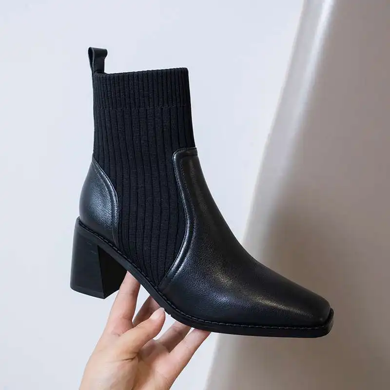 

Krazing Pot genuine leather square toe high heel knitting boots vintage slip on convenient young lady daily wear ankle boots L47